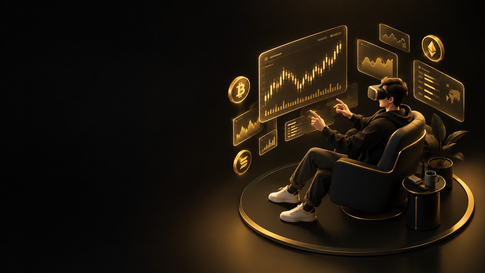 Trader wearing a vr headset surrounded by holographic crypto charts